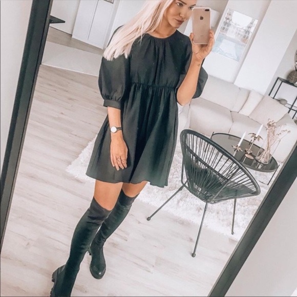 Zara Black Puffy Sleeved Dress NWT - Picture 3 of 12